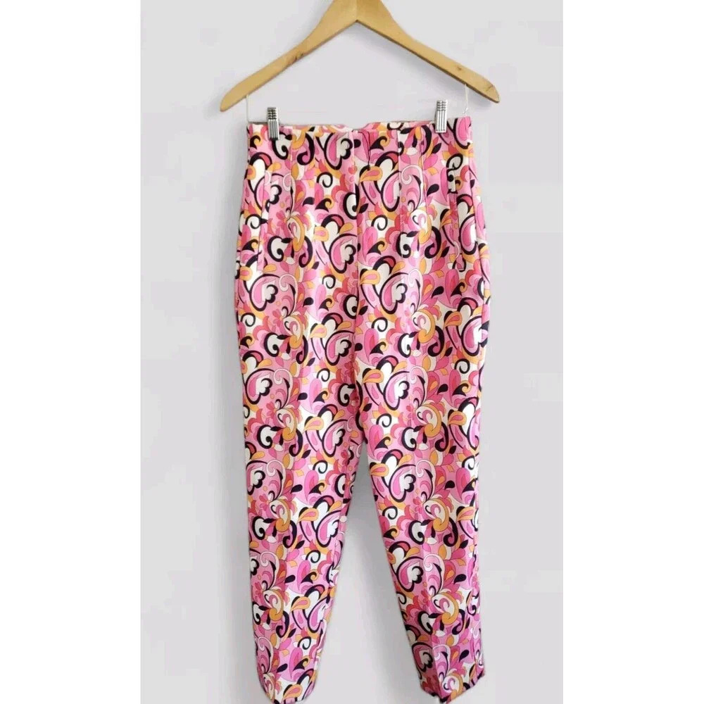 Zara Pants Pink Floral Paisley '70s Retro Straight Leg Pleated Size Medium New